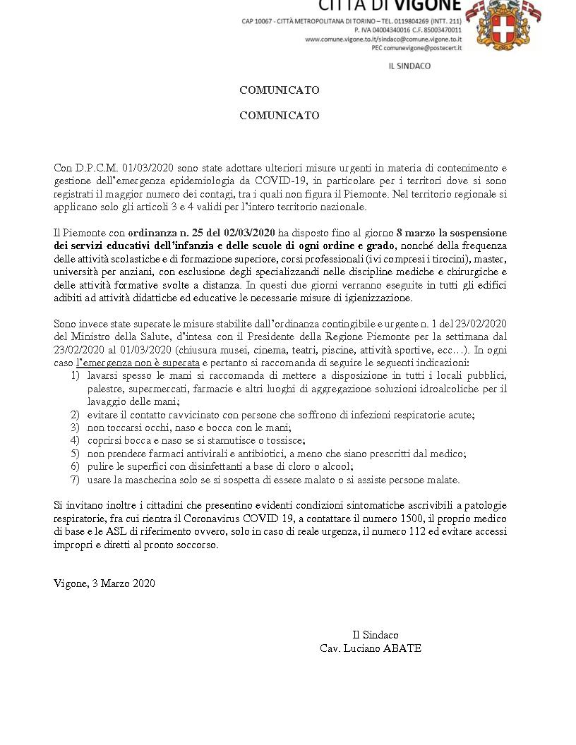 cmunicato del sindaco
